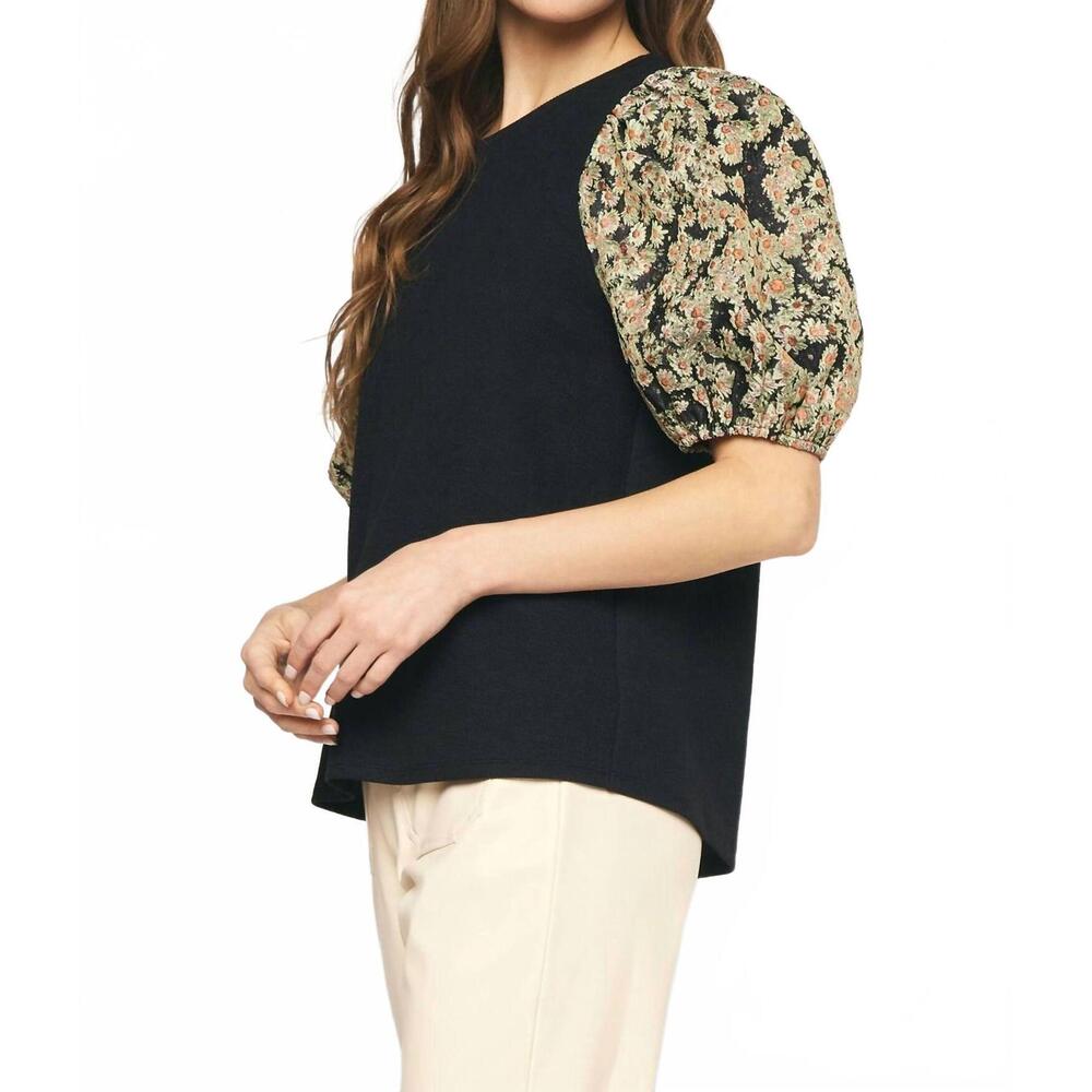 NEW ENTRO floral jacquard sleeve top in black - Picture 5 of 7